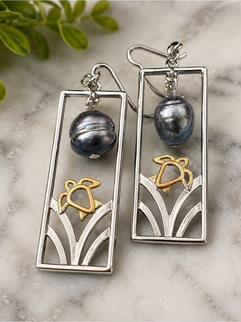 Sea Turtle Fresh Water Pearl Drop Earrings Silver Gold Tone Nautical Dangle